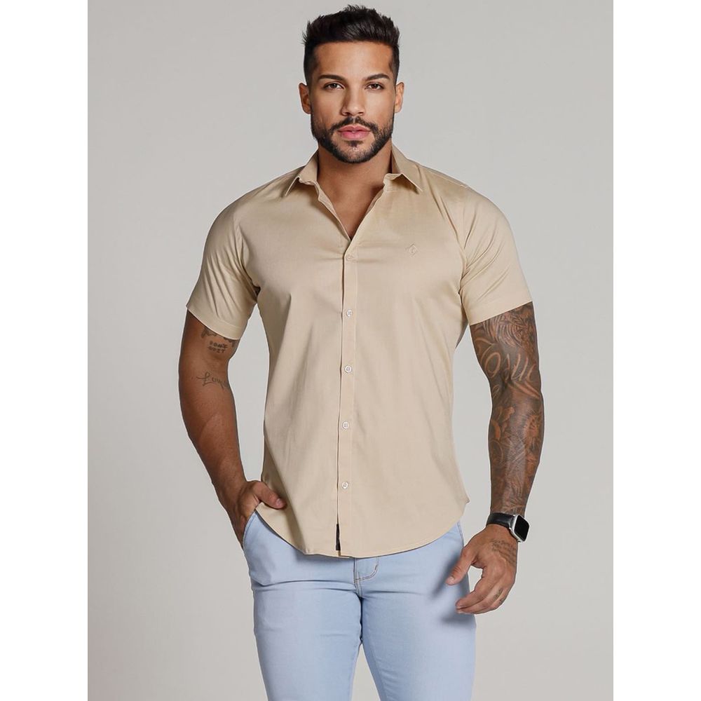 Camisa Social Manga Curta Codi Jeans Toque Acetinado - Bege