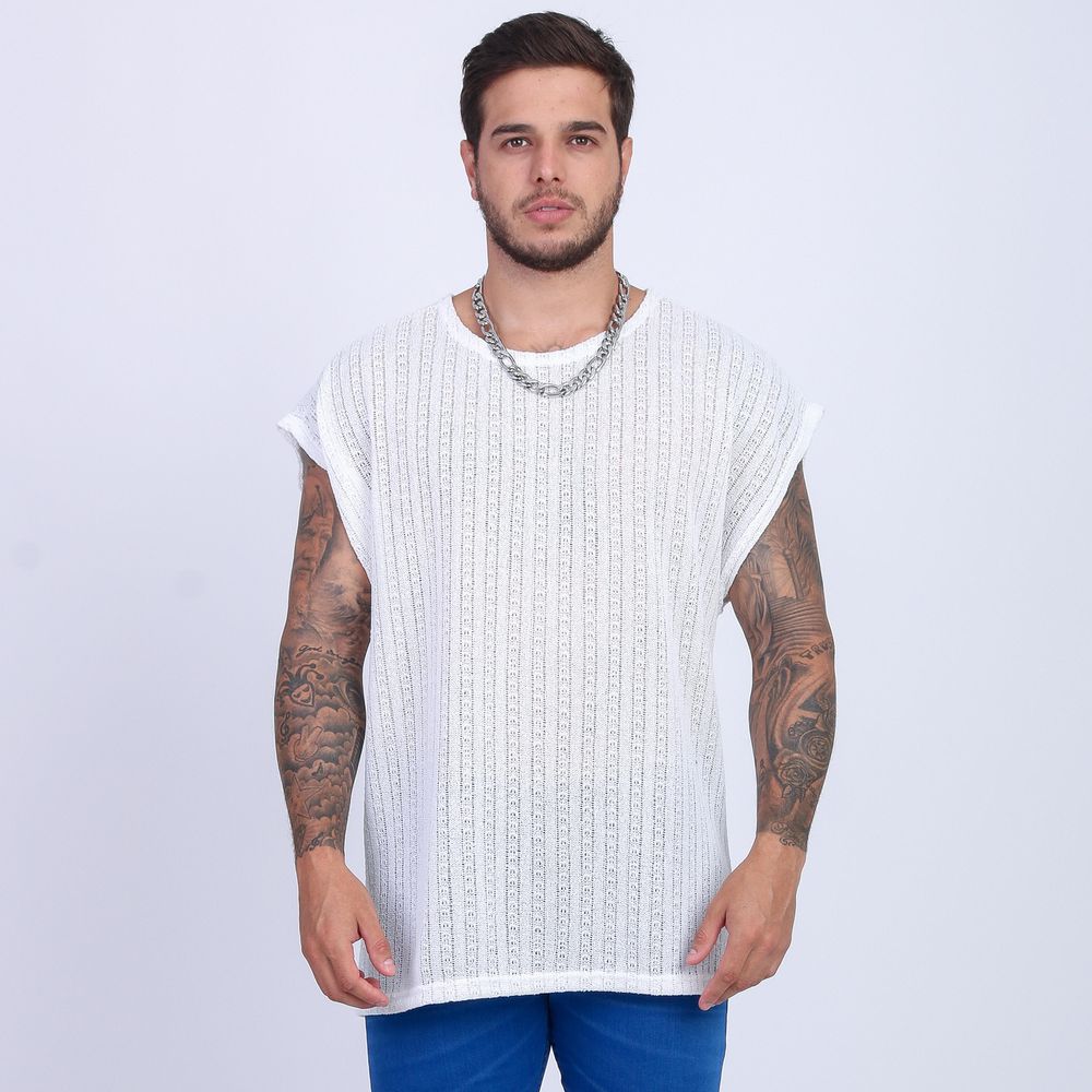 Camiseta Regata Over Sized Crochê Lã Telinha Premium Branca