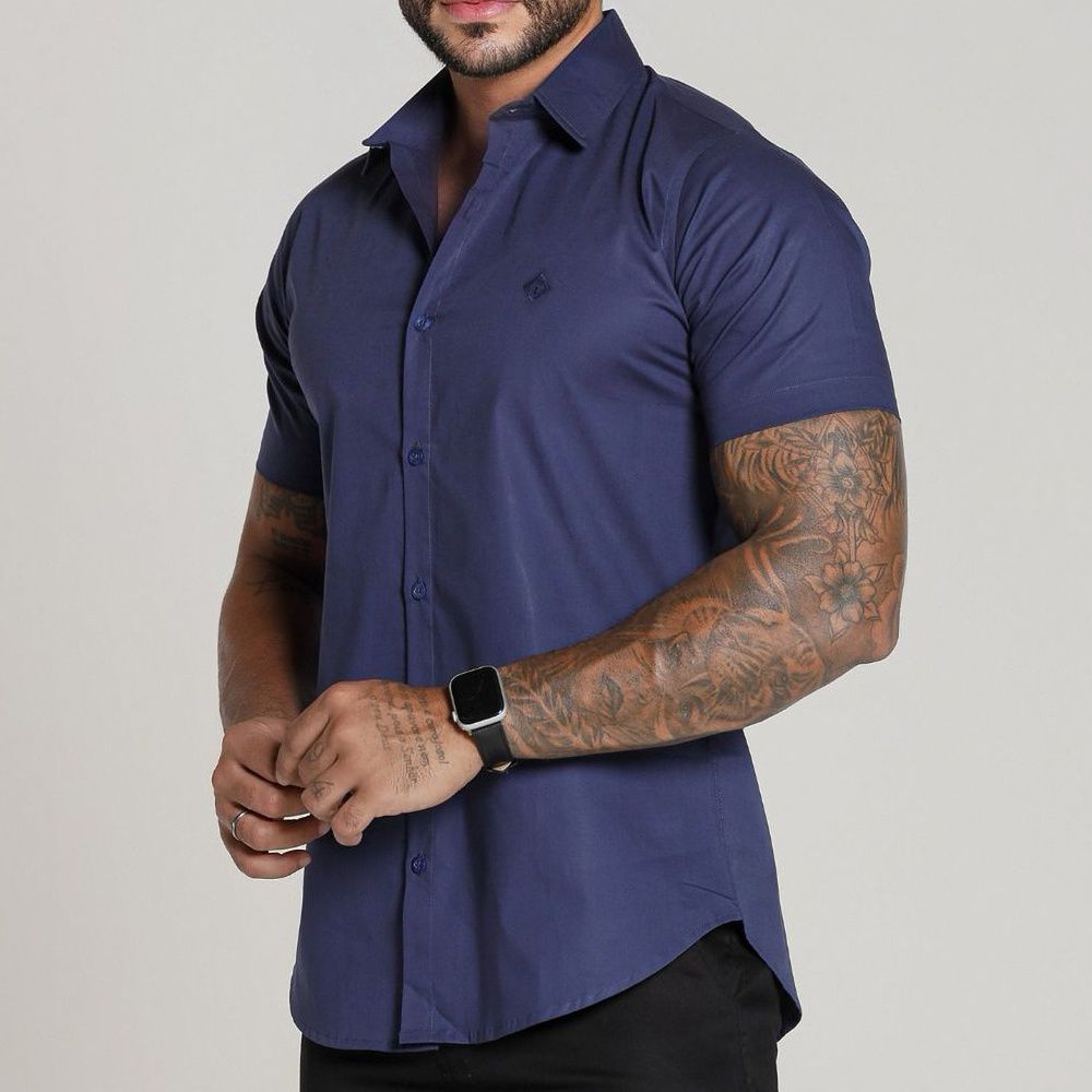 Camisa Social Manga Curta Codi Jeans Toque Acetinado - Azul