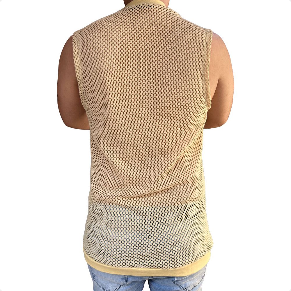 Camiseta Regata Gola Alta Crochet Tela Transparente Arrastao