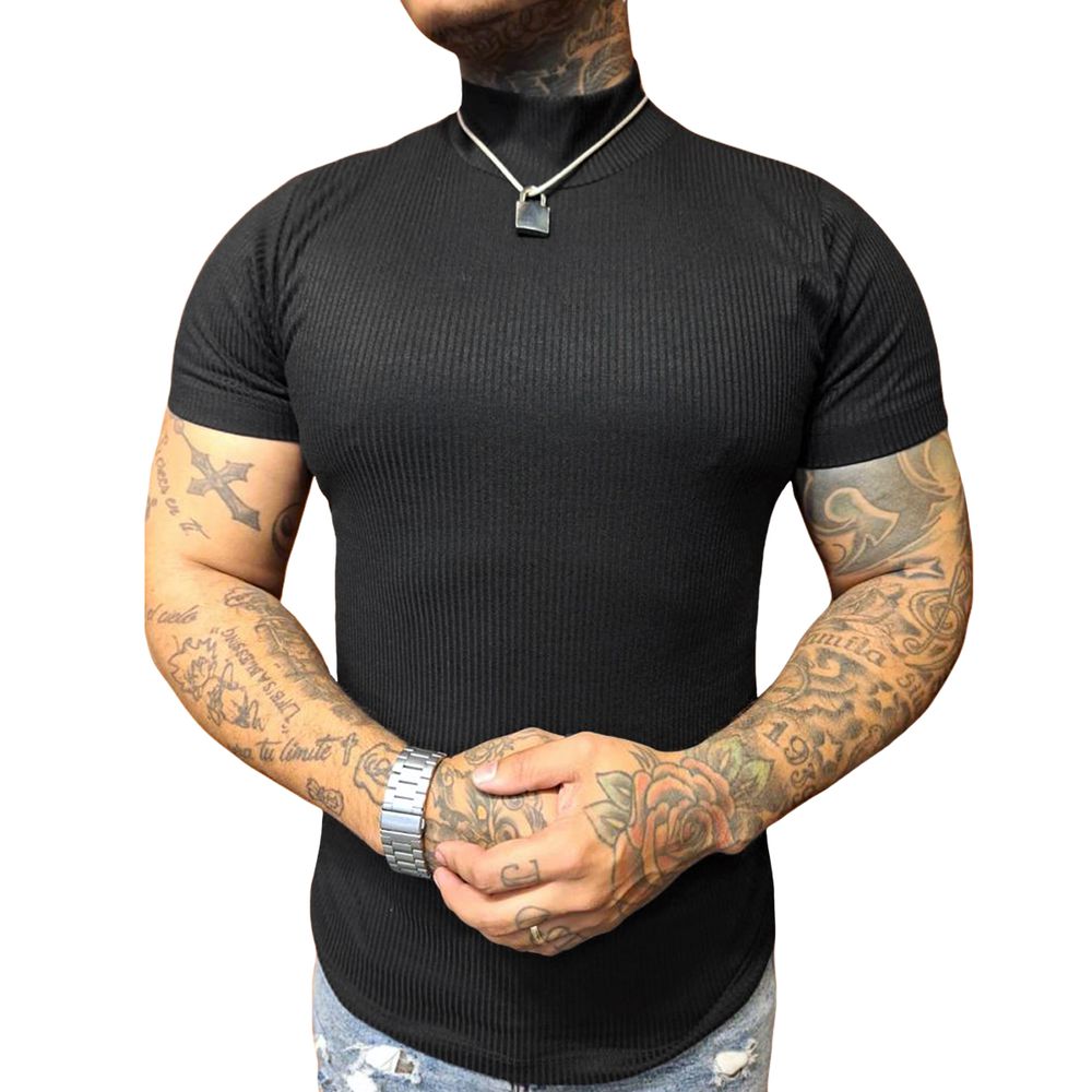 Camiseta Canelada Cacharrel Manga Curta Gola Alta Preta Slim