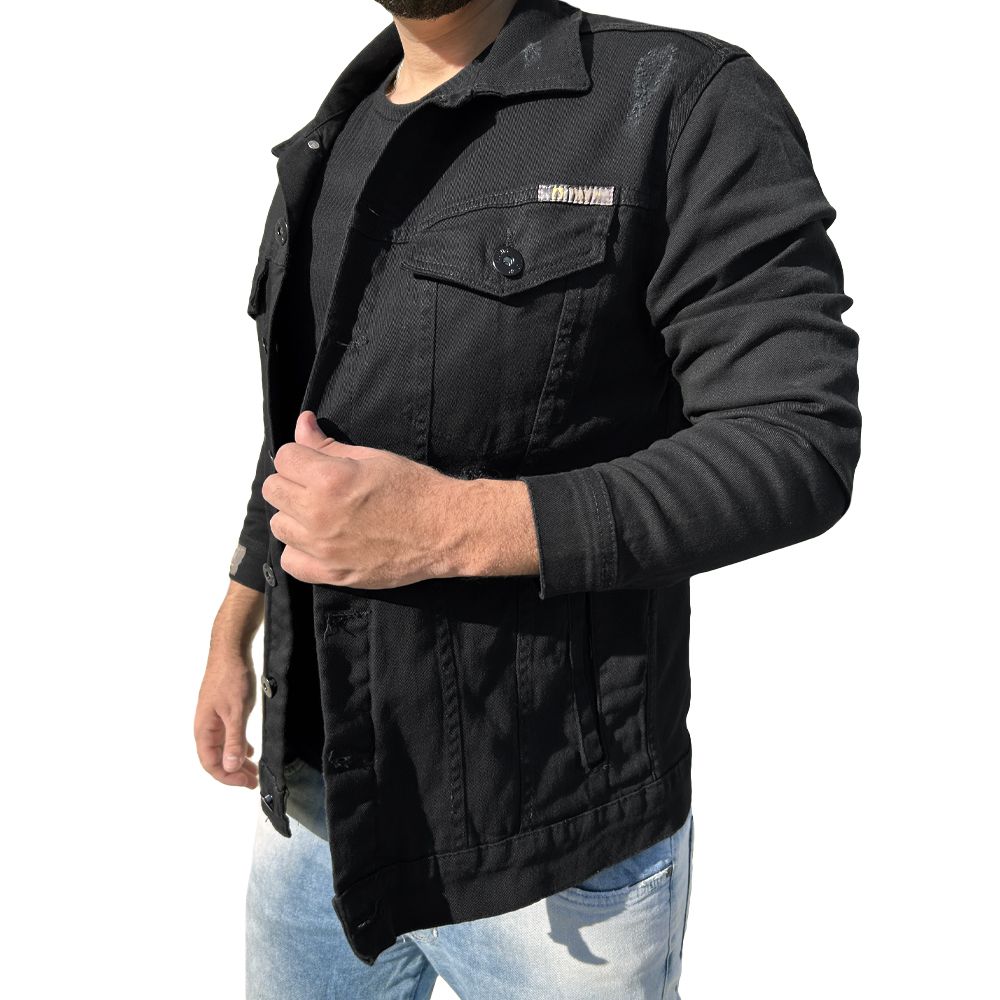 Jaqueta Jeans Preta Destroyed Detalhe Premium Masculina Slim
