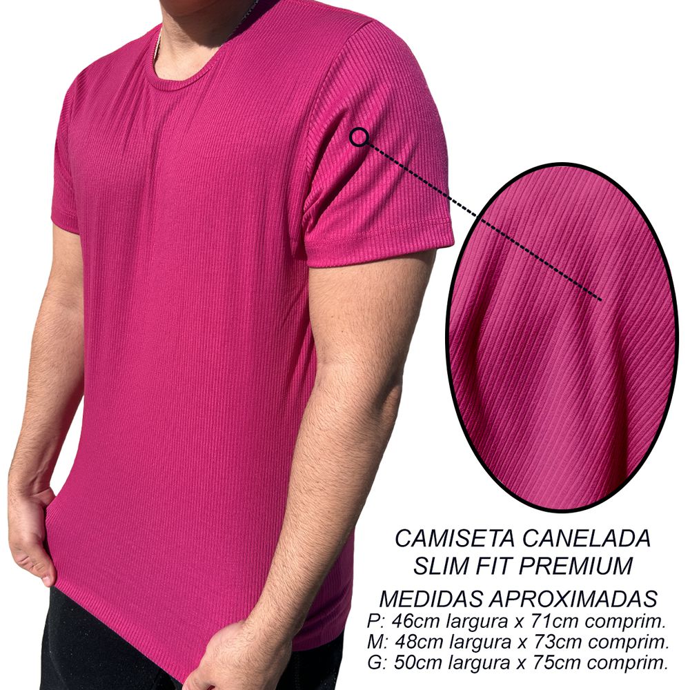 Camiseta Malha Canelada Slim Fit Manga Curta Masculina Rosa