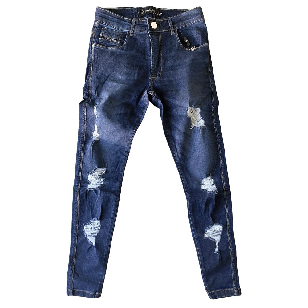 Calça Jeans Skinny Destroyed Rasgada Azul Escuro Masculina