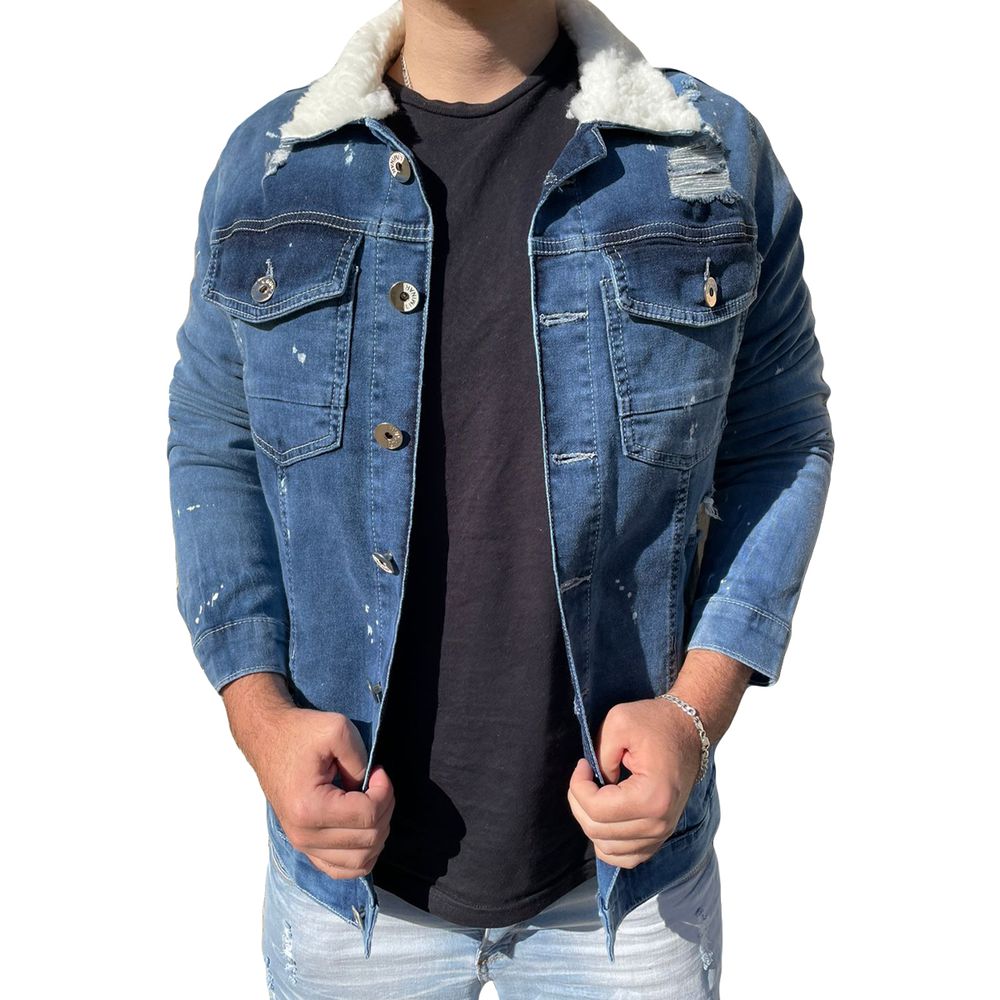 Jaqueta Jeans Slim Destroyed C/ Respingos Pelinho Na Gola