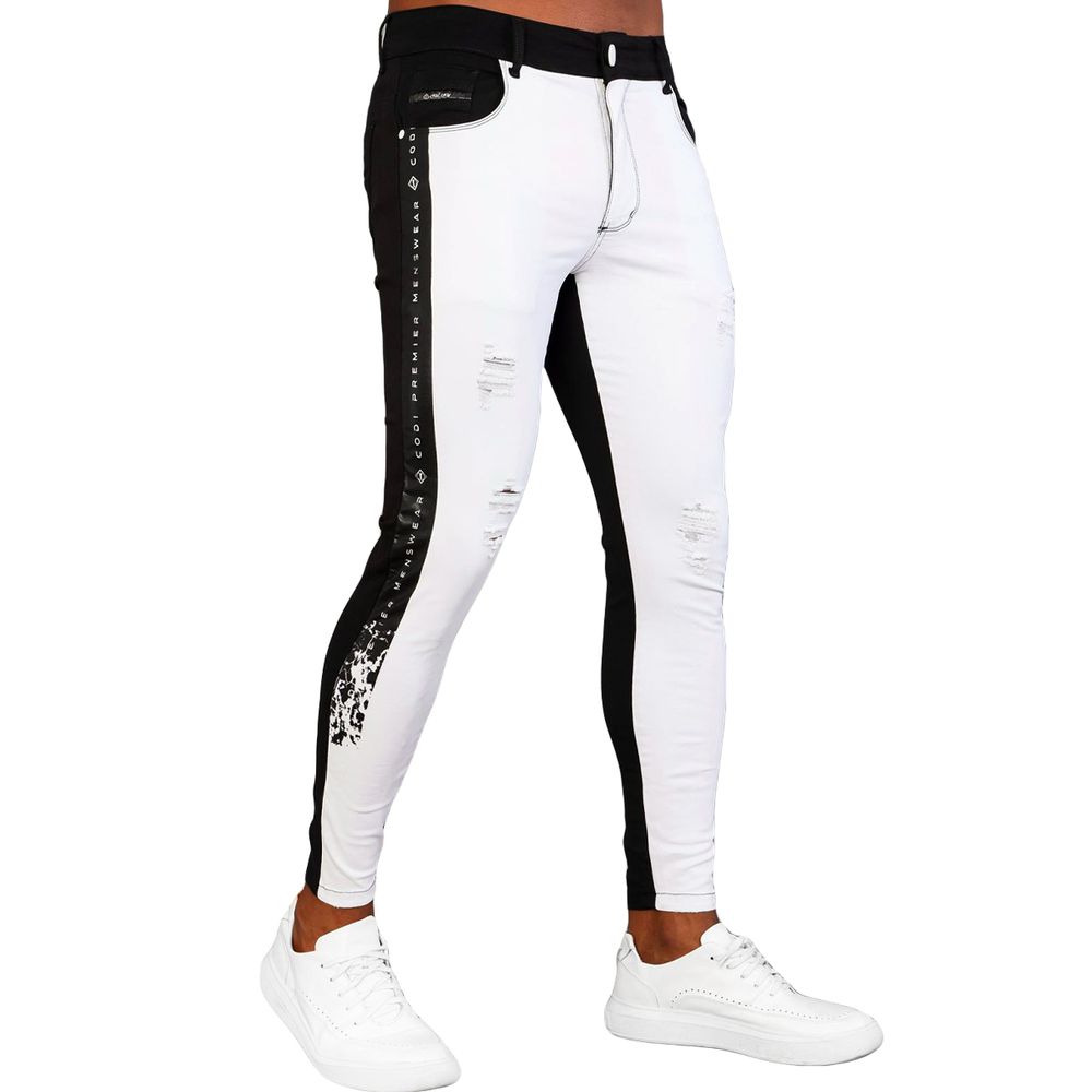 Calça Branca Bicolor Com Destroyed Skinny Premium Masculina