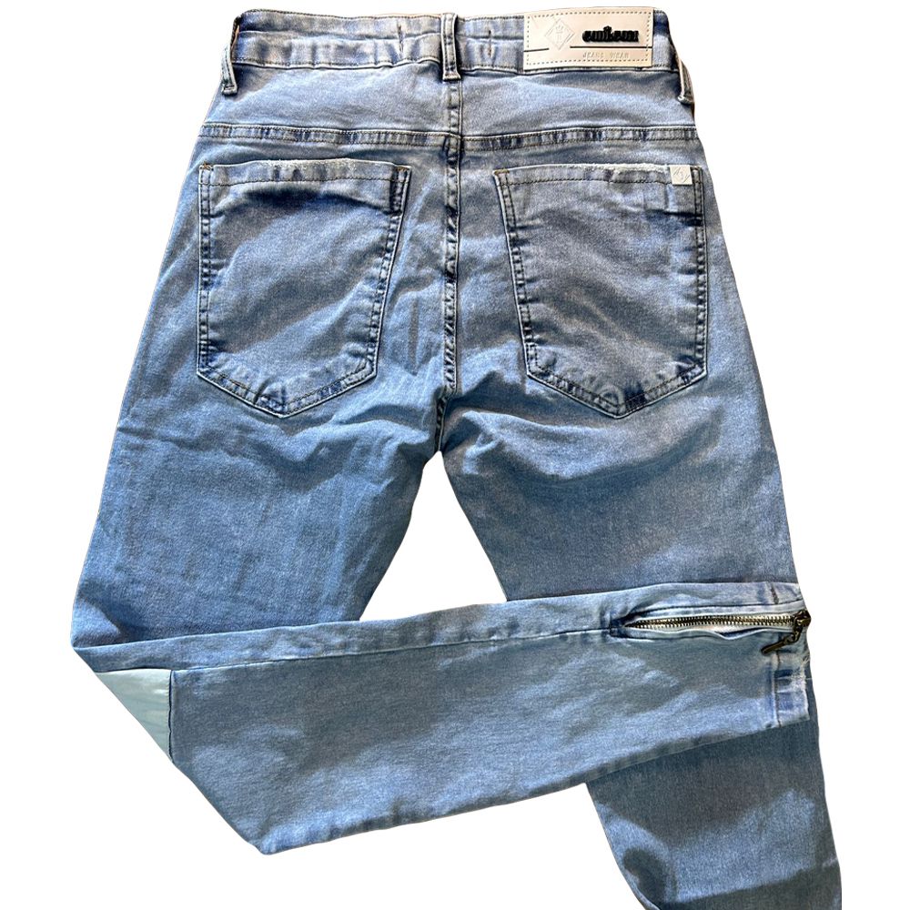 Calça Jeans Skinny Com Zíper Na Barra Detalhes Faixa Premium