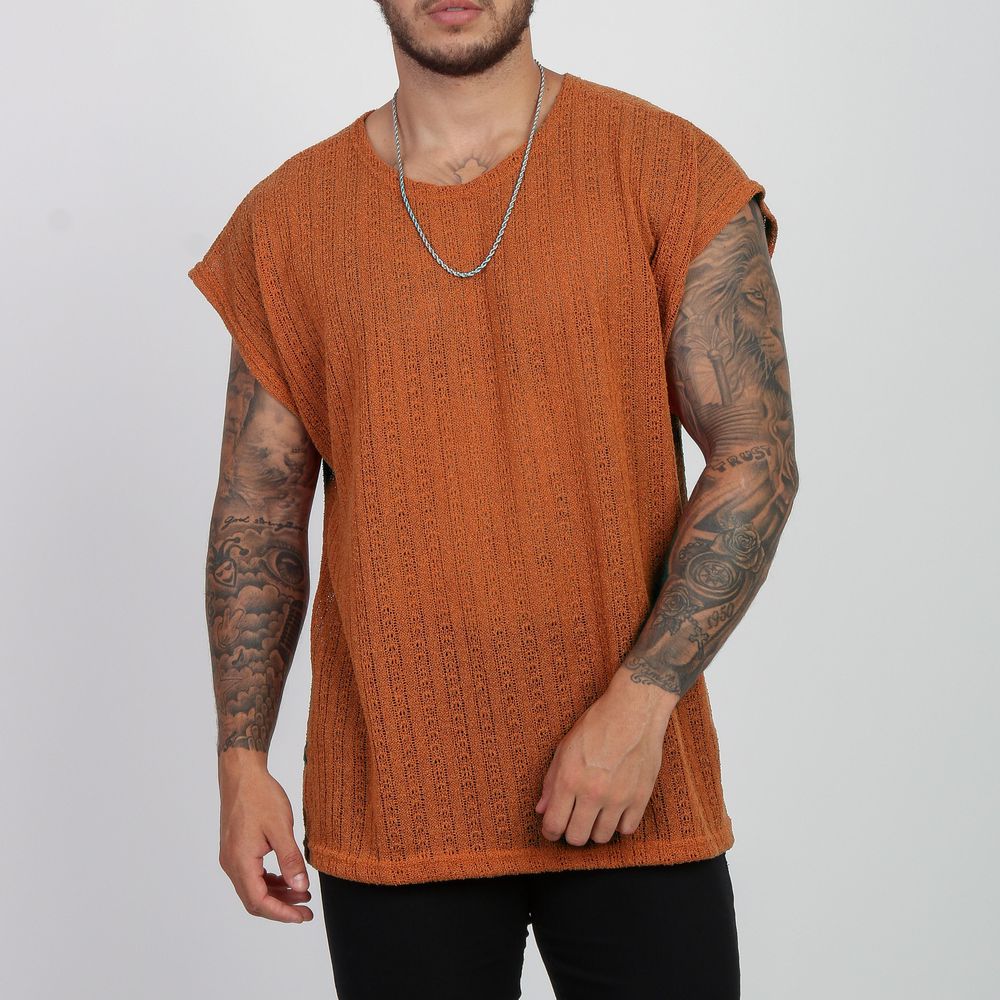 Camiseta Regata Transparente Masculina Over Size Crochê Lã