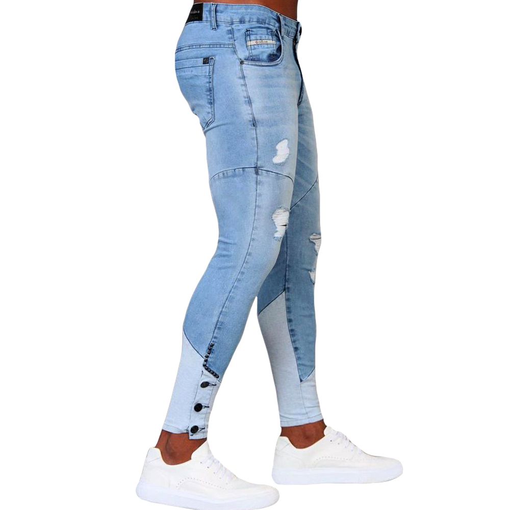 Calça Jeans Skinny Destroyed Masculina Recortes Botões Barra