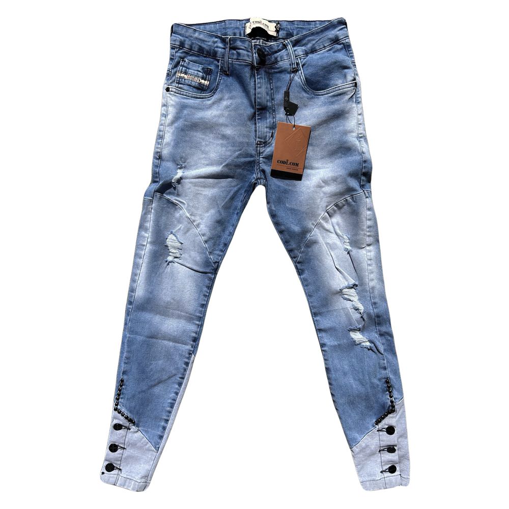 Calça Jeans Skinny Destroyed Masculina Recortes Botões Barra