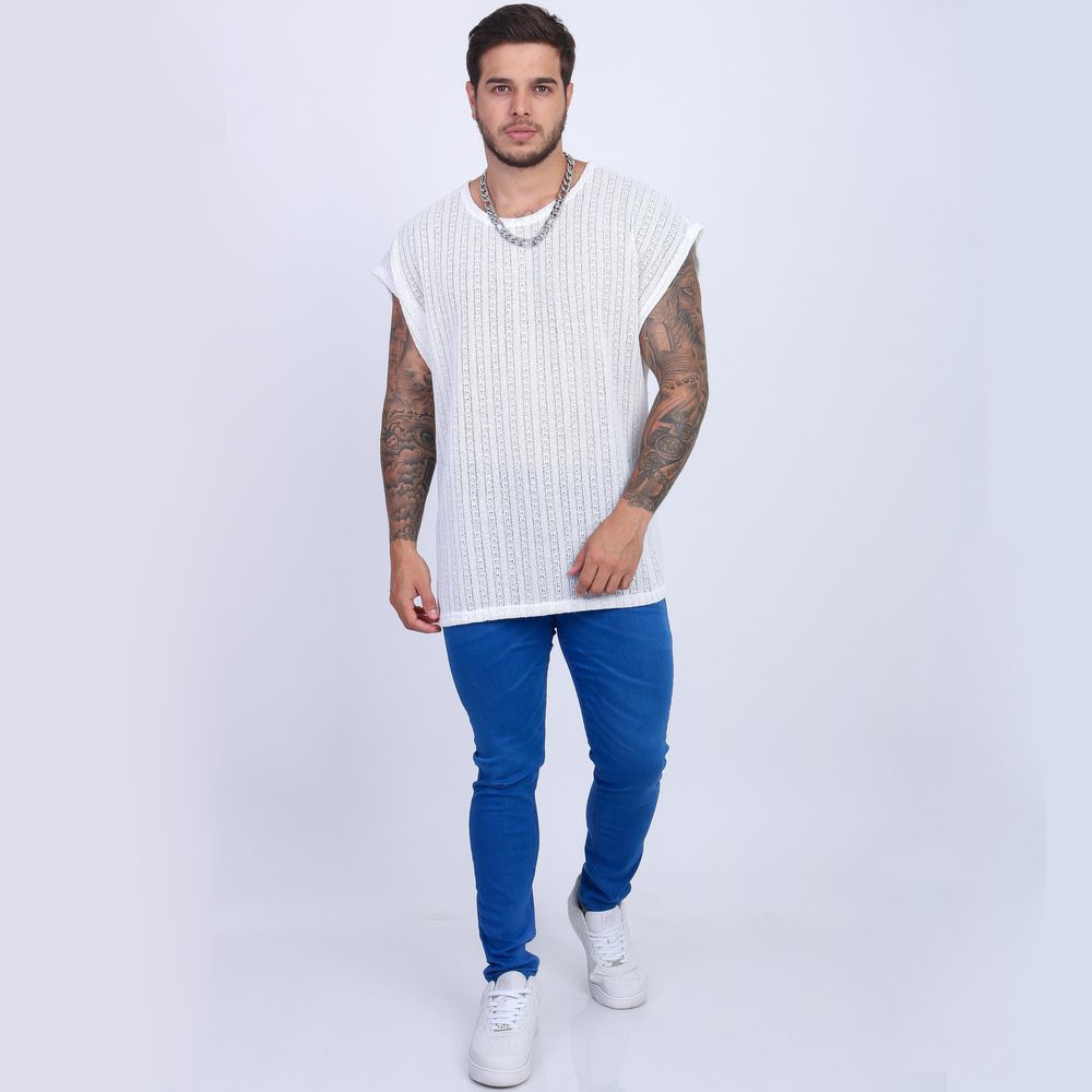 Camiseta Regata Over Sized Crochê Lã Telinha Premium Branca