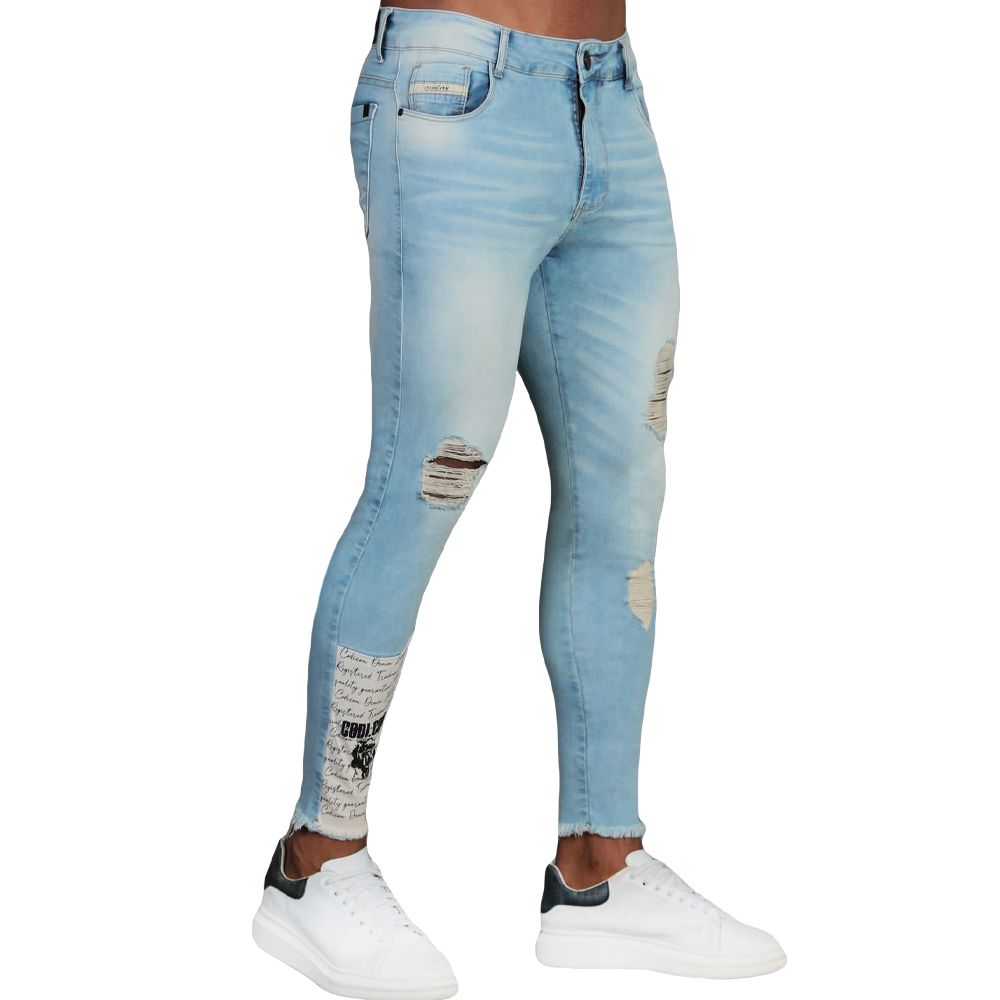 Calça Jeans Skinny Destroyed Rasgada Barra Desfiada Detalhe