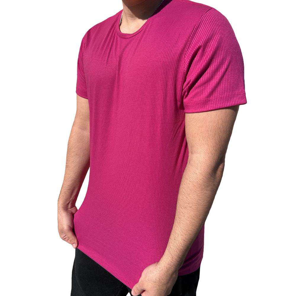 Camiseta Malha Canelada Slim Fit Manga Curta Masculina Rosa