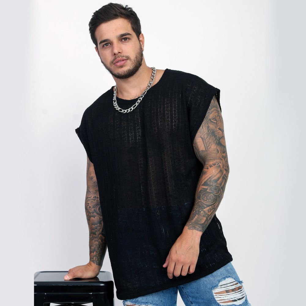 Camiseta Regata Oversized Em Crochê Lã Telinha Pre... - CHIEREGATO OUTLET