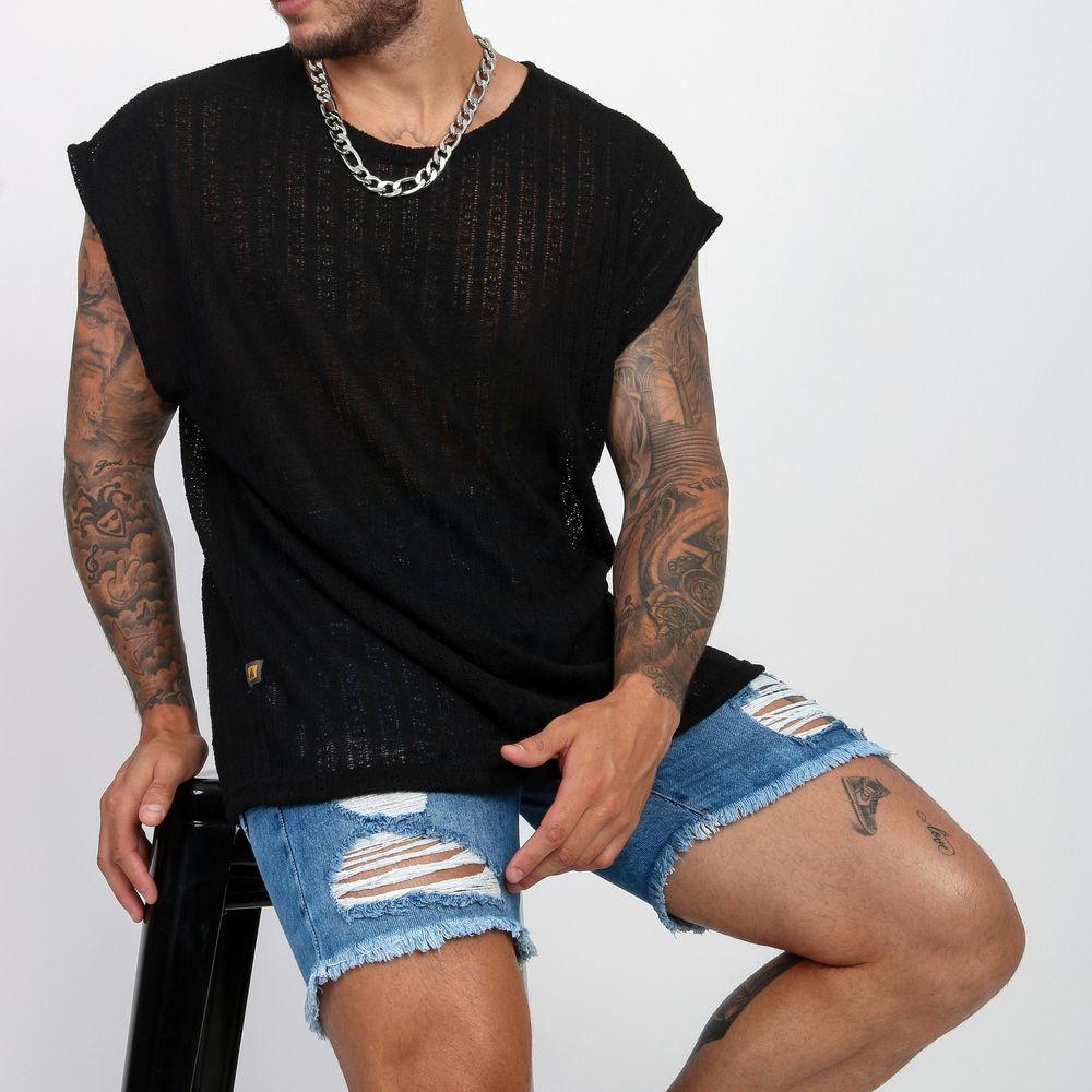 Camiseta Regata Oversized Em Crochê Lã Telinha Premium Preta