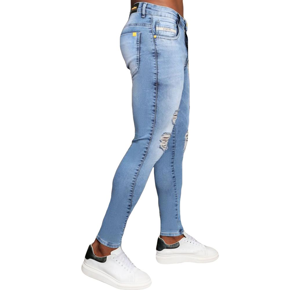 Calça Jeans Destroyed Masculina Azul Clara Skinny Premium