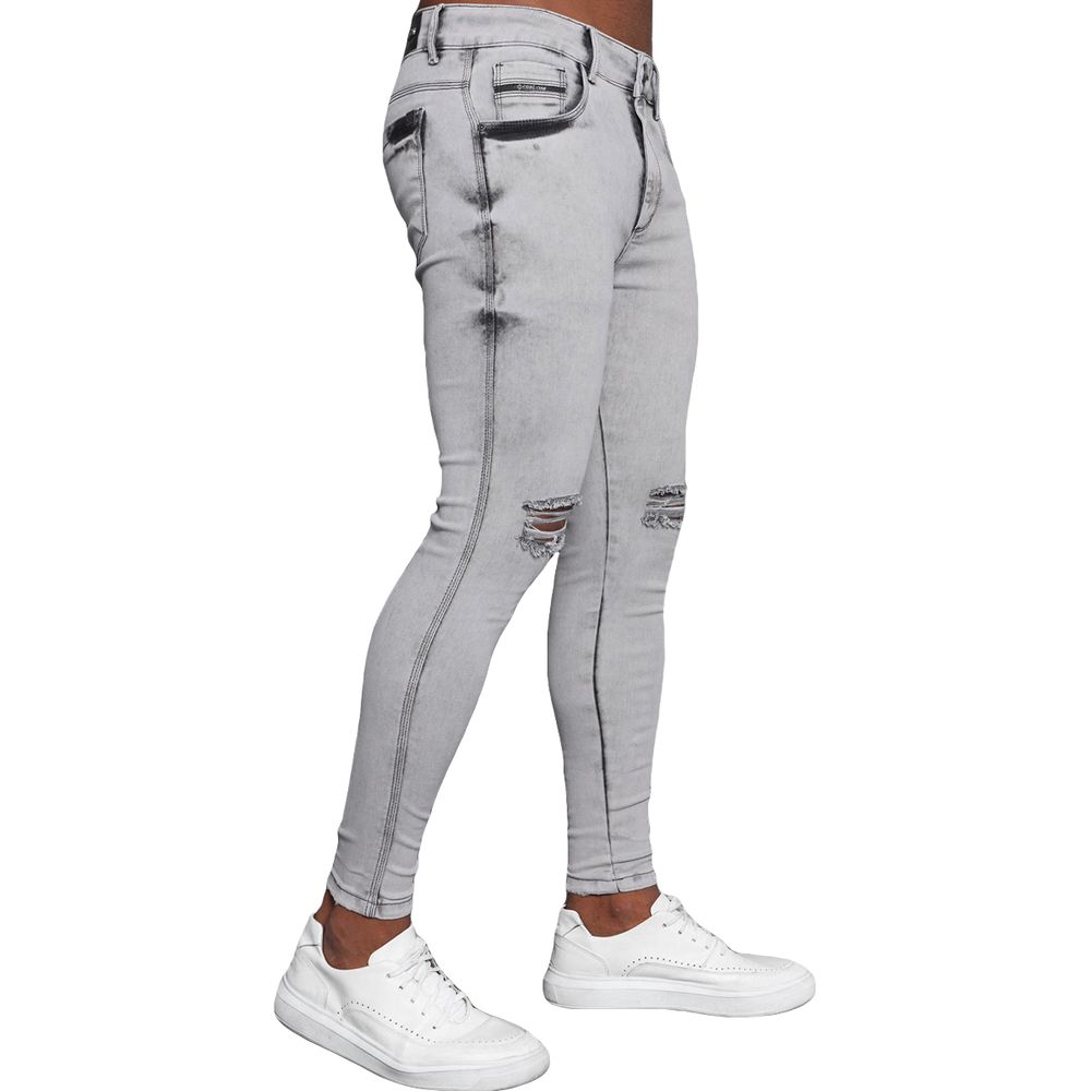 Calça Jeans Skinny Cinza Destroyed Corte Joelho Marmorizada