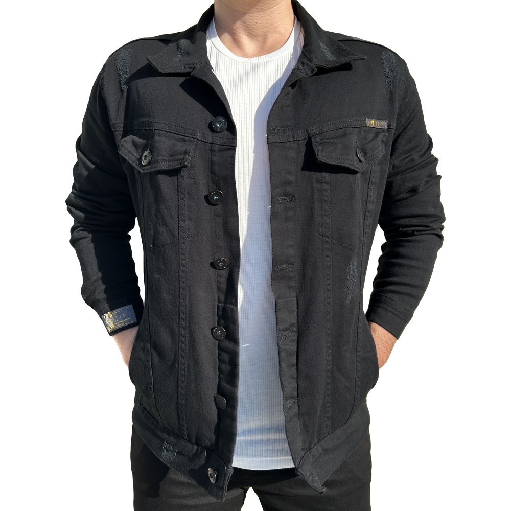 Jaqueta Jeans Preta Destroyed Detalhe Premium Masculina Slim