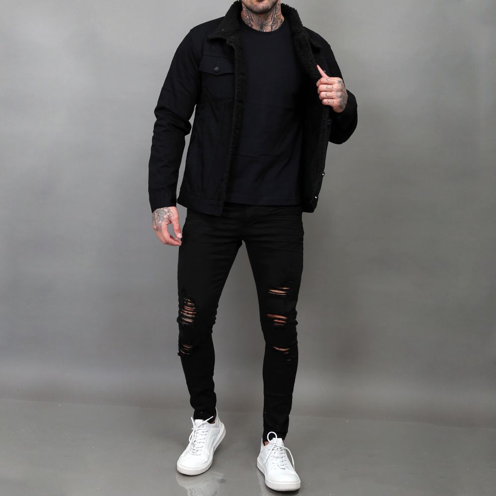 Jaqueta Trucker Sherpa Forro Pelinho Masculina Preta Forrada