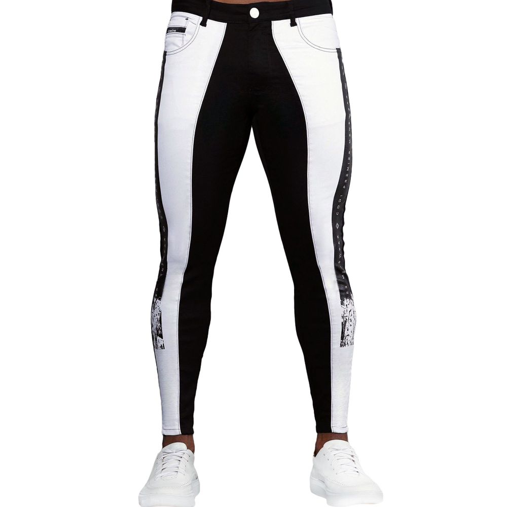 Calça Branca Bicolor Super Skinny Masculina Preto Detalhes