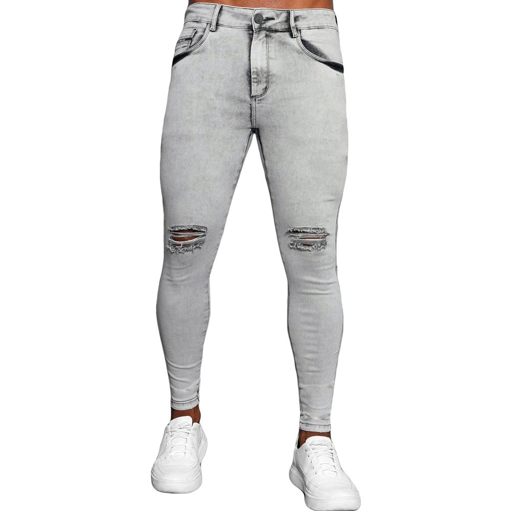 Calça Jeans Skinny Cinza Destroyed Corte Joelho Marmorizada