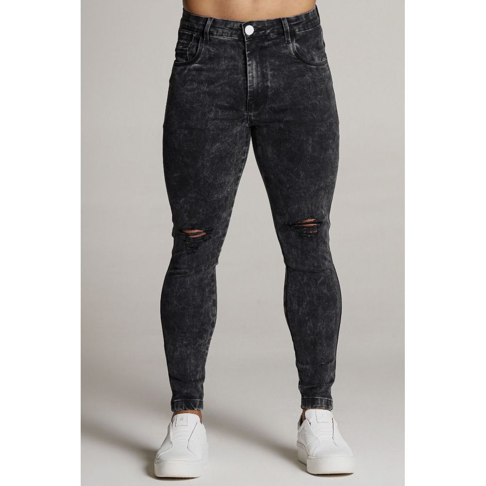 Calça Preta Marmorizada Skinny Rasgada Masculina Codi Jeans