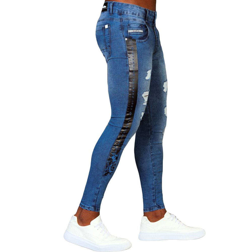 Calça Jeans Masculina Skinny Devorê Detalhe Destroyed E Silk