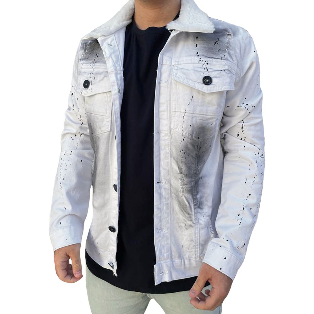 Jaqueta Slim Branca C/ Respingos Pelinho Na Gola Masculina