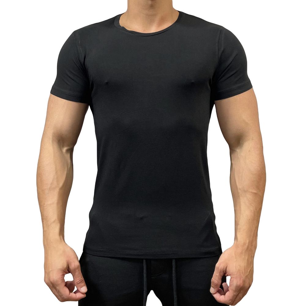 Camiseta Preta Slim Manga Curta Gola Redonda Casual Premium