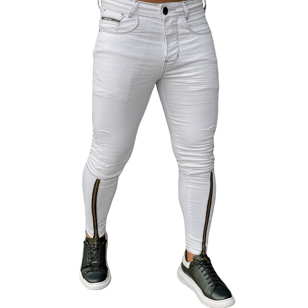 Calça Branca Skinny Zíper Frontal Canela Masculina