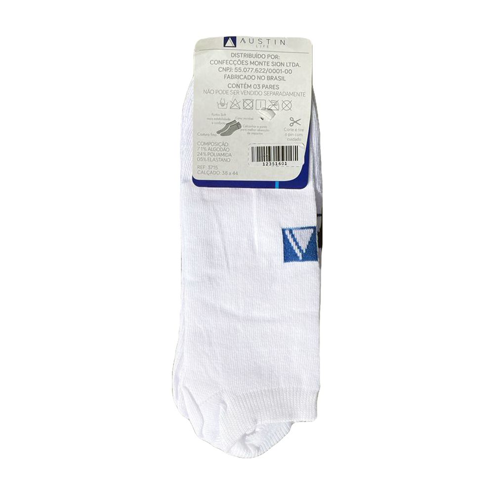 Kit Com 3 Meias Invisível Soquete Unissex Cor Branco