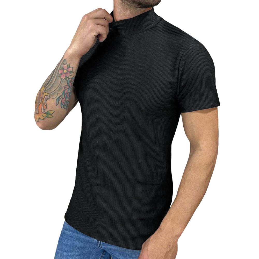 Camiseta Canelada Cacharrel Manga Curta Gola Alta Preta Slim