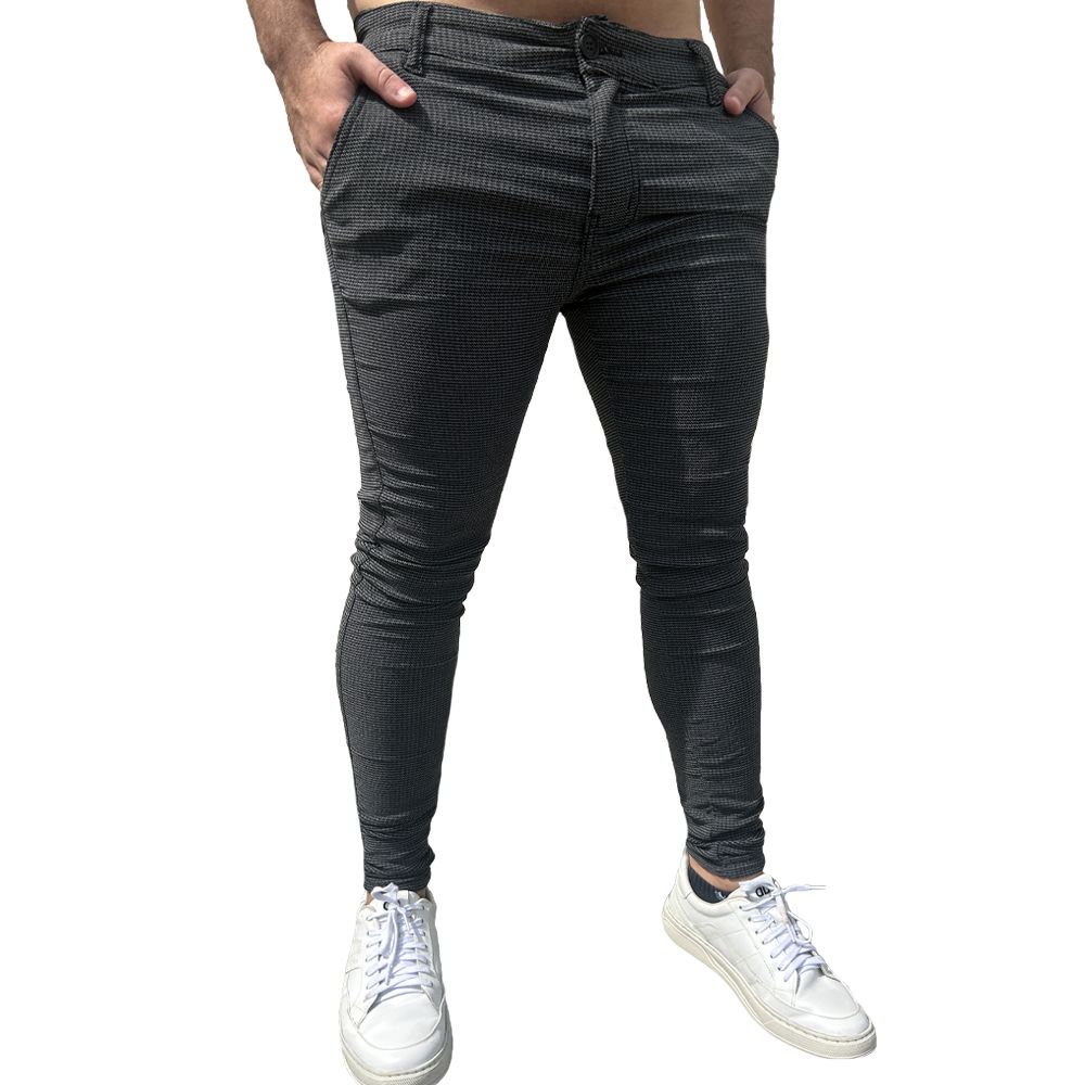 Calça Alfaiataria Chino Skinny Jacquard Tricot Masculina Cinza Escura