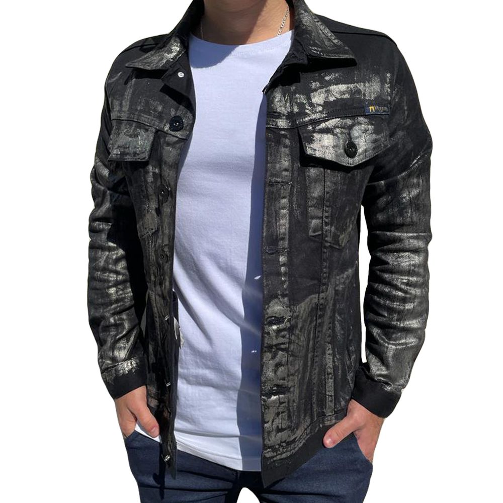 Jaqueta Jeans Preta Metalizada Marmorizada Masculina Premium Personalizada