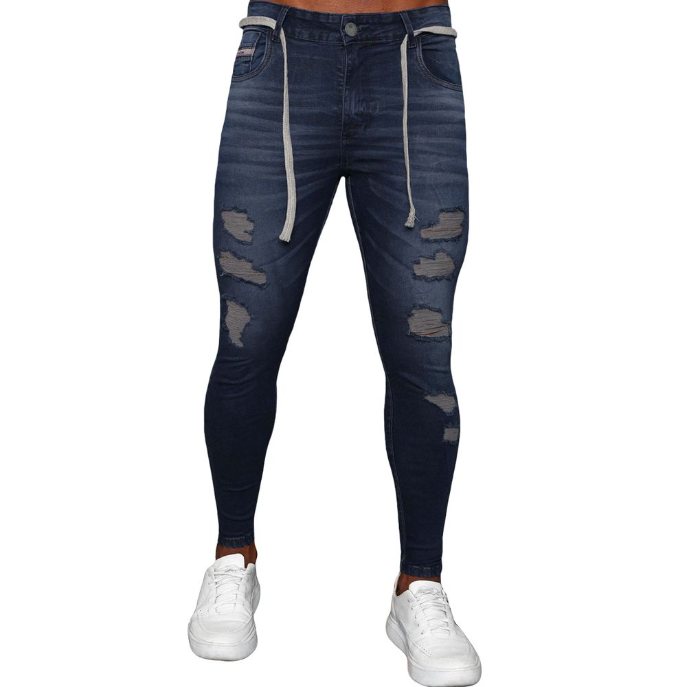 Calça Jeans Escura Skinny Destroyed Detalhe Cintura Premium