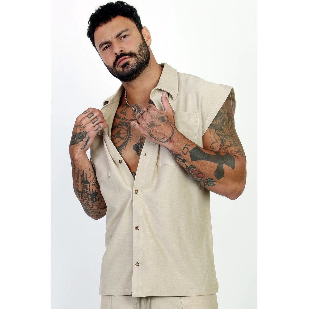 Colete Regata Camisa Com Botões Masculino Oversized Moletinho Penteado Bege