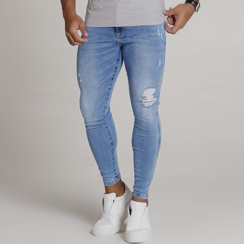 Calça Jeans Skinny Com Destroyed Rasgada Premium Sky Clean