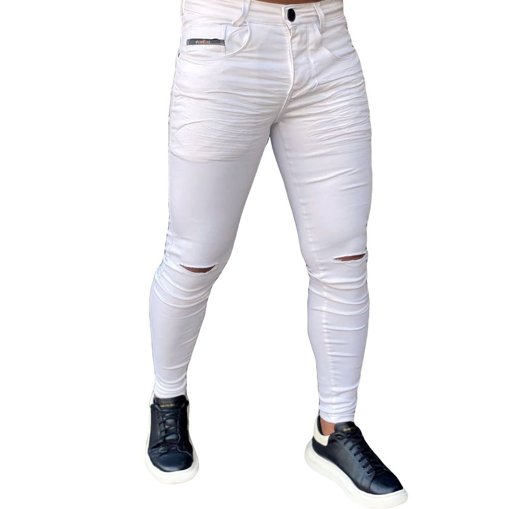 Calça Branca Skinny Com Rasgos Corte No Joelho Destroyed Codi Jeans