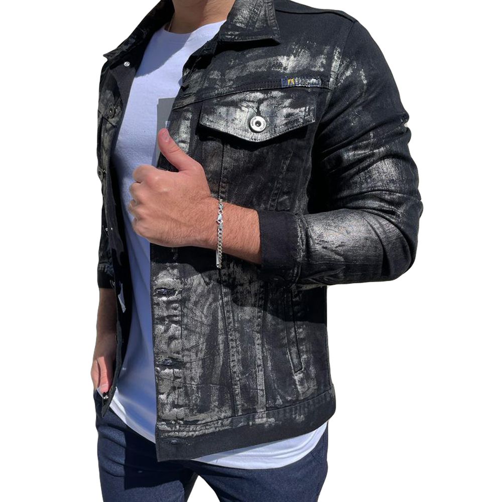 Jaqueta Jeans Preta Metalizada Marmorizada Masculina Premium Personalizada