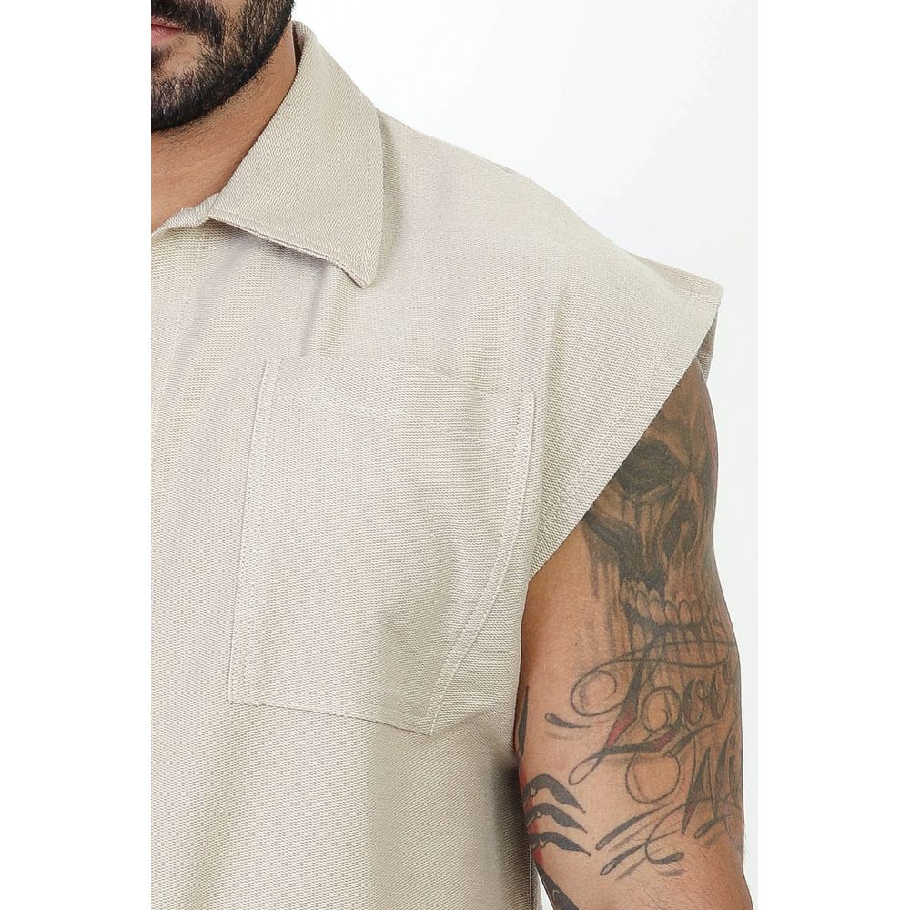 Colete Regata Camisa Com Botões Masculino Oversized Moletinho Penteado Bege