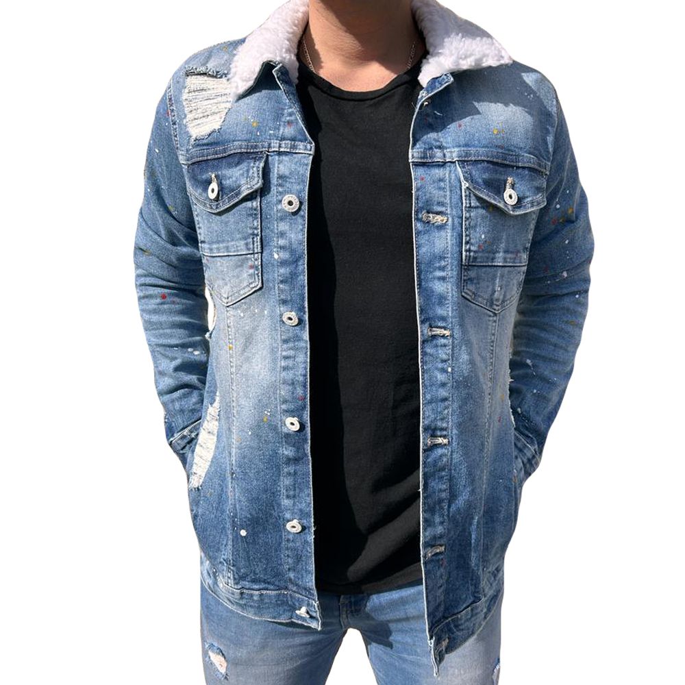 Jaqueta Jeans Masculina Destroyed Slim Pelinho Gola Splash