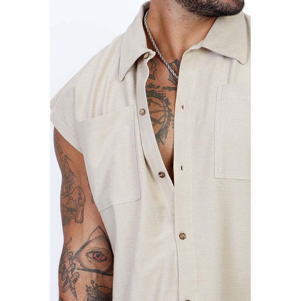 Colete Regata Camisa Com Botões Masculino Oversized Moletinho Penteado Bege