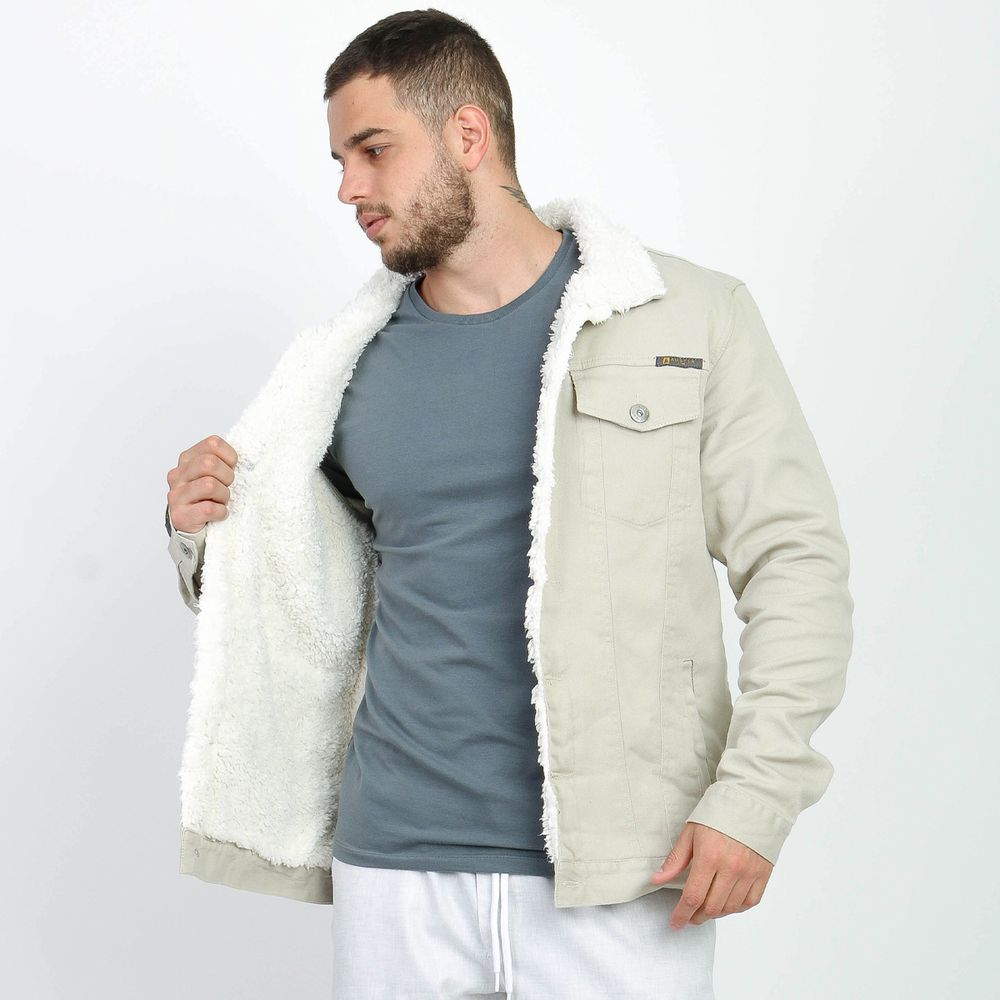 Jaqueta Sarja Masculina Sherpa Pelinho Forro Bege Carneiro