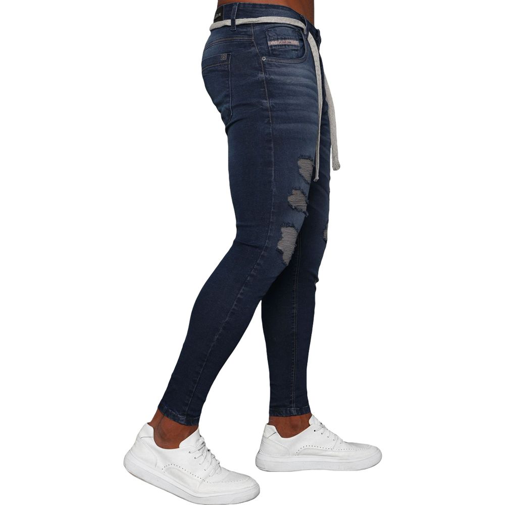 Calça Jeans Escura Skinny Destroyed Detalhe Cintura Premium