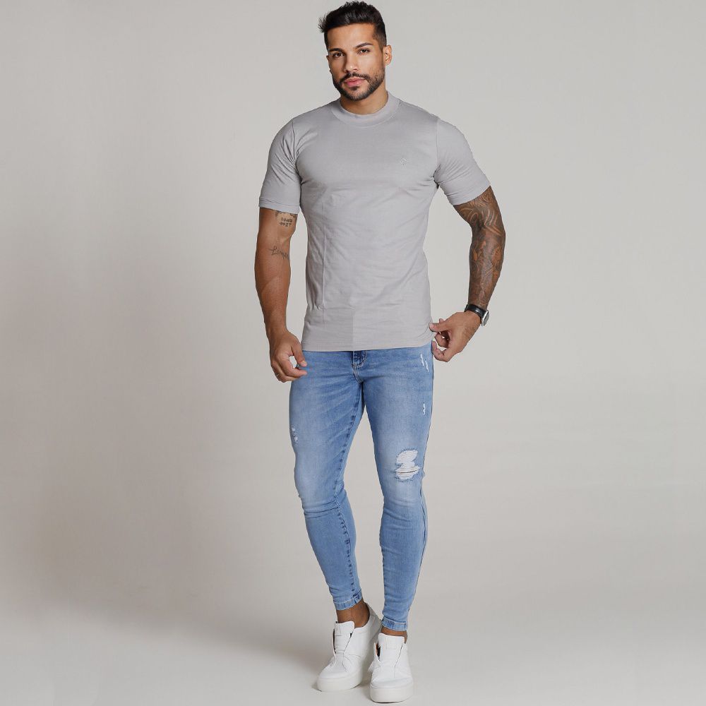 Calça Jeans Skinny Com Destroyed Rasgada Premium Sky Clean