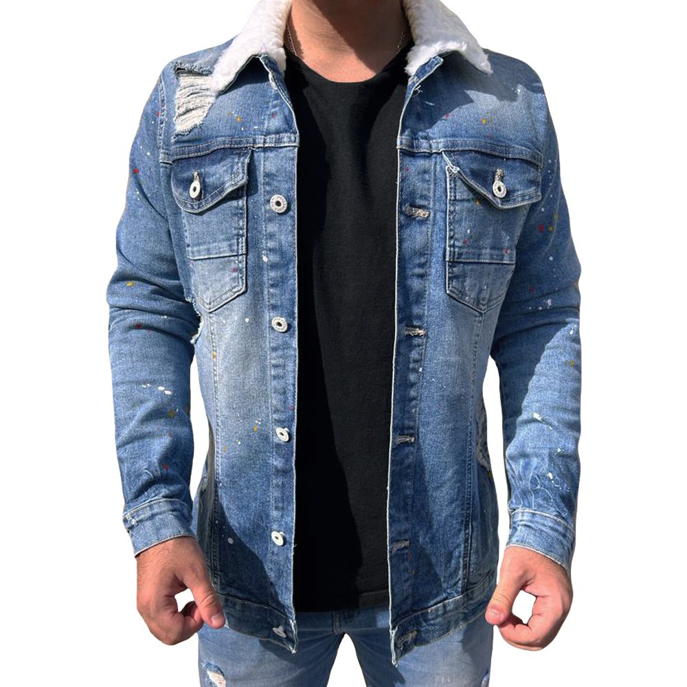 Jaqueta Jeans Masculina Destroyed Slim Pelinho Gola Splash