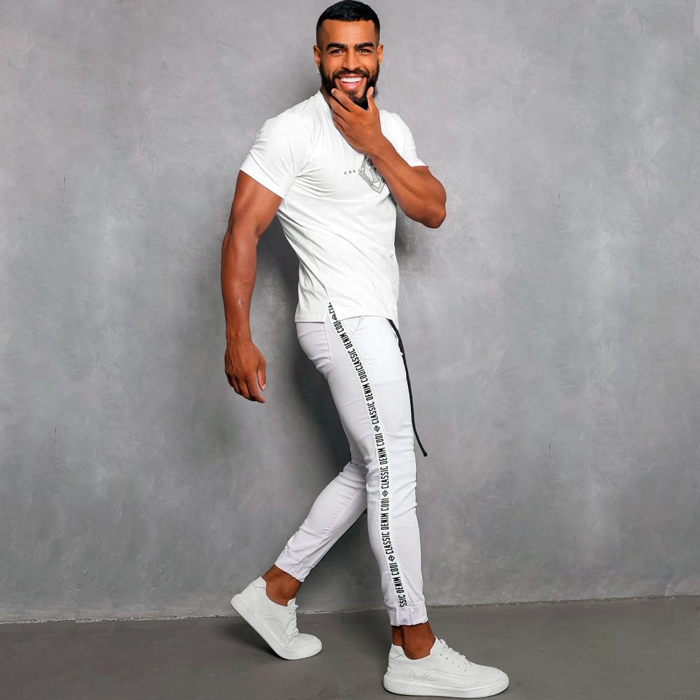 Calça Branca Skinny Masculina Faixa Lateral Cordão Premium