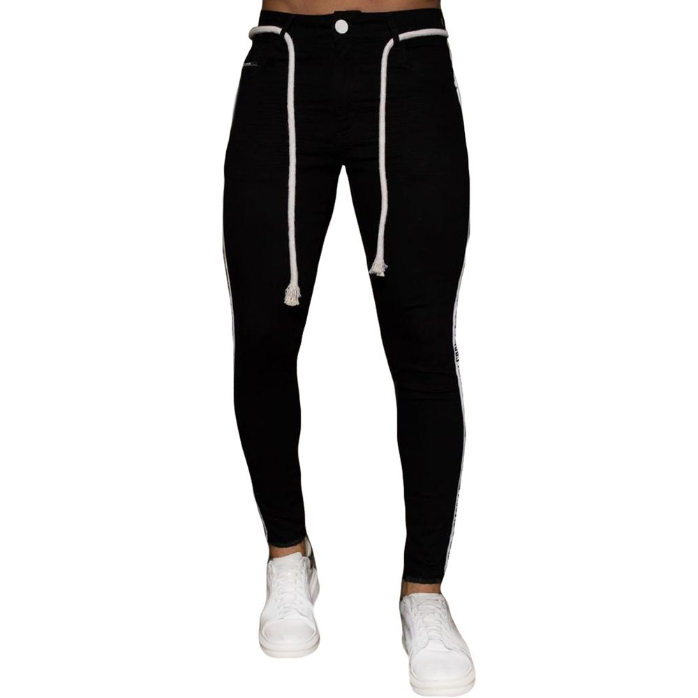 Calça Preta Skinny Faixa Fita Lateral Com Cordão Masculina