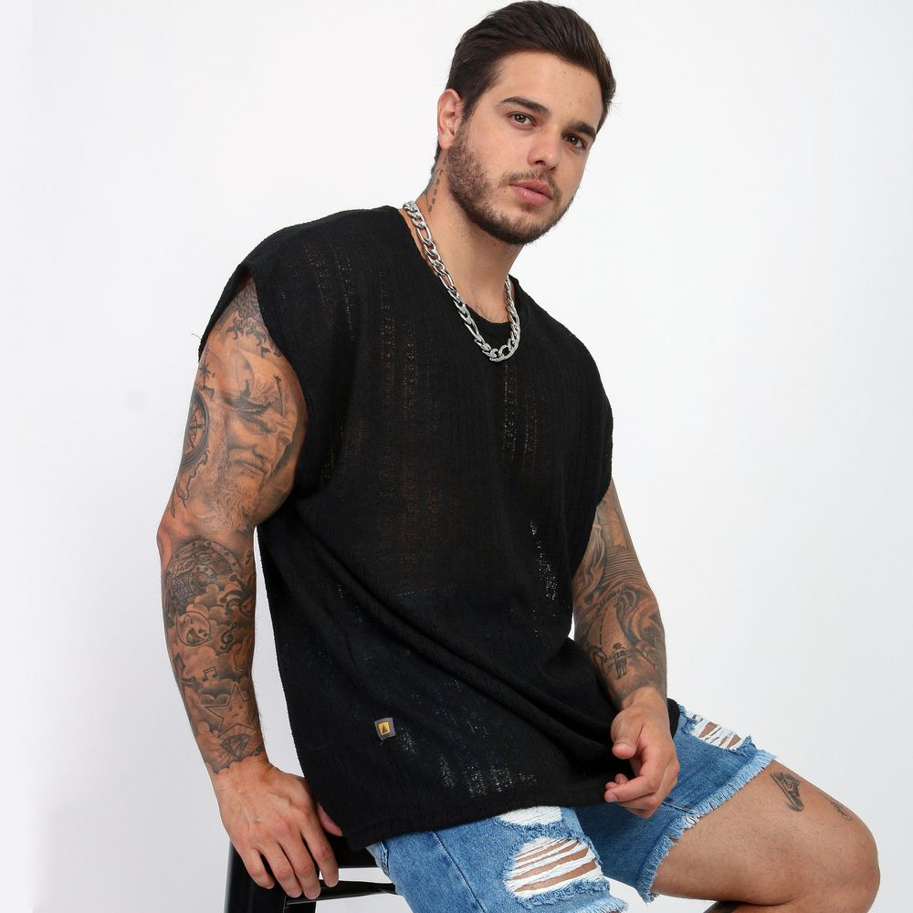 Camiseta Regata Oversized Em Crochê Lã Telinha Premium Preta