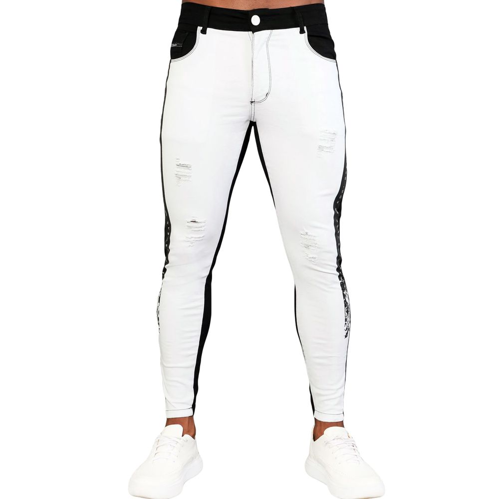 Calça Branca Bicolor Com Destroyed Skinny Premium Masculina